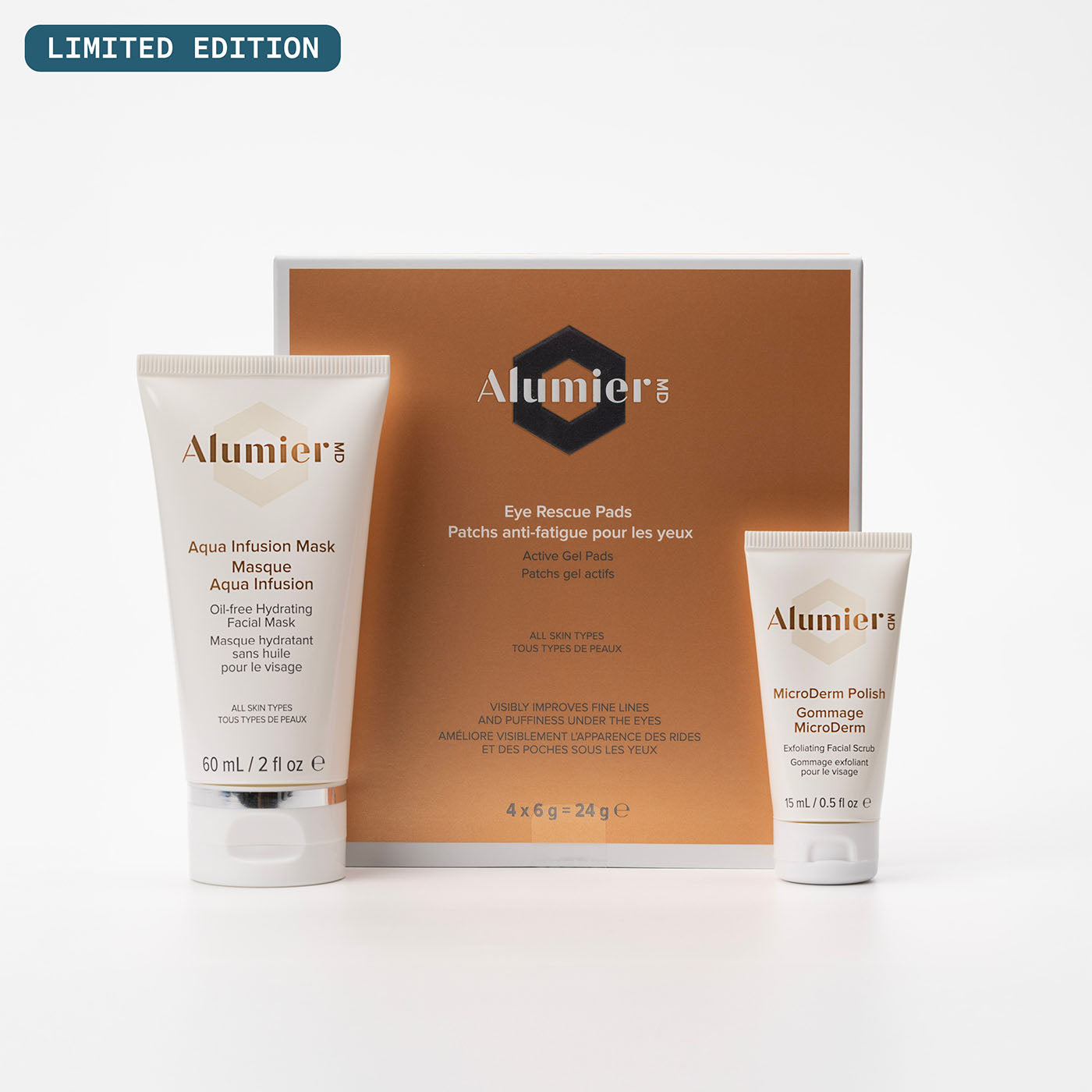 Alumier skincare products including a mask and pads with a branded box on a white background.