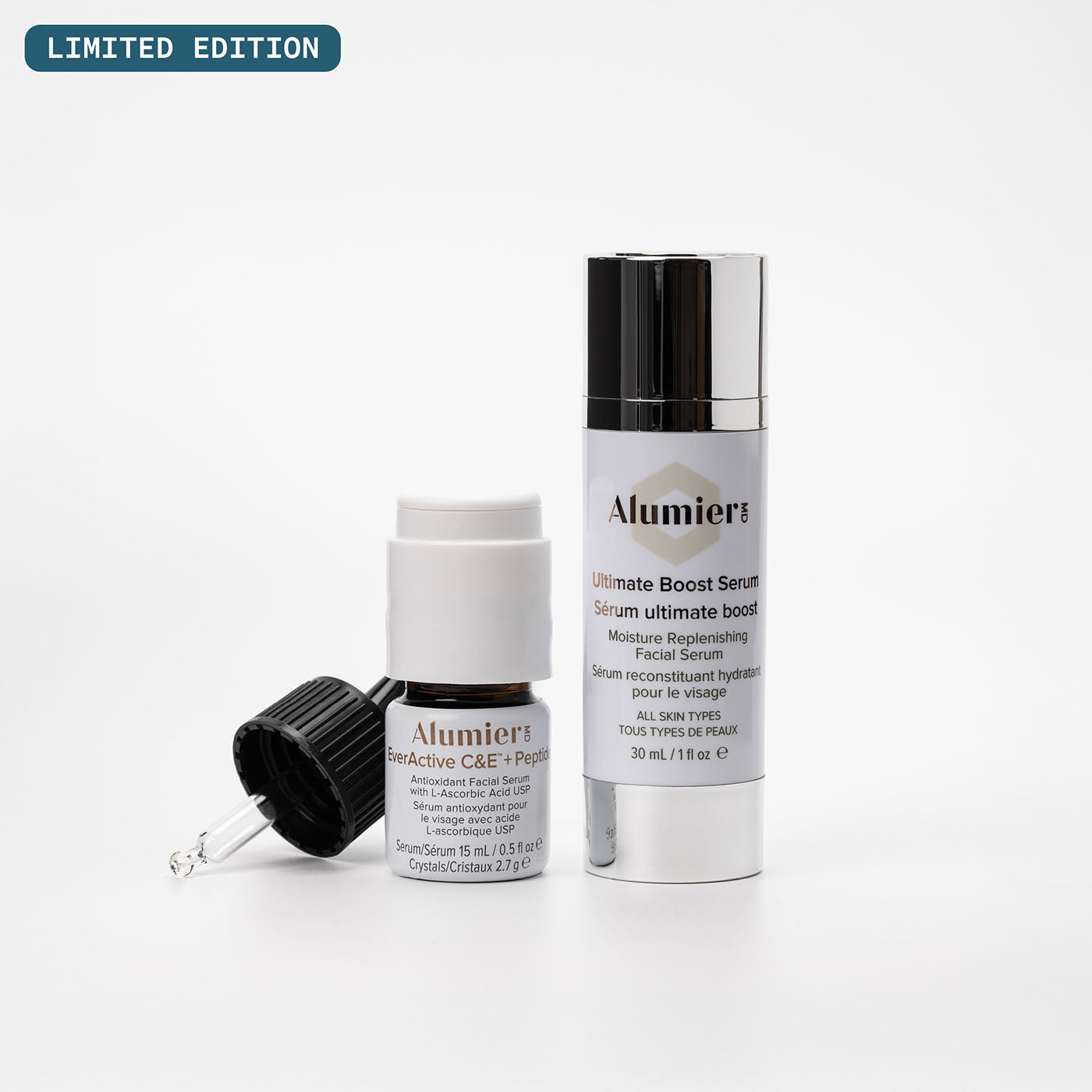 AlumierMD serums unboxed on a white background. Limited Edition stamp on the top-left corner of the image.