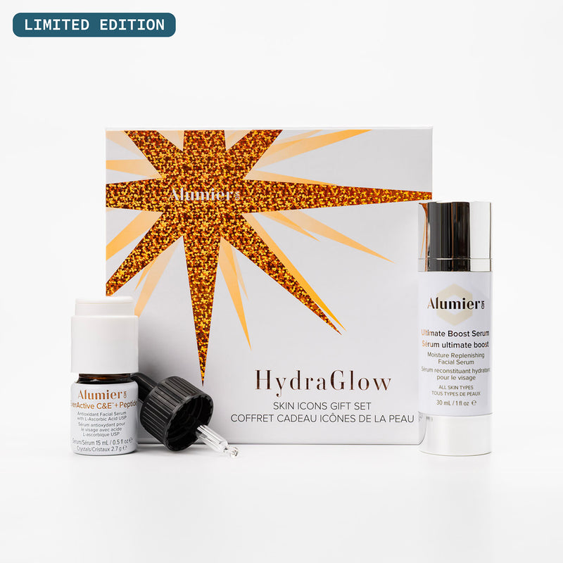 Alumier skincare gift set featuring 2 serums with 'HydraGlow' packaging on a white background. Limited Edition is stamped on the top-left corner of the image.