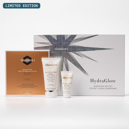 HydraGlow gift set box behind 3 AlumierMD products